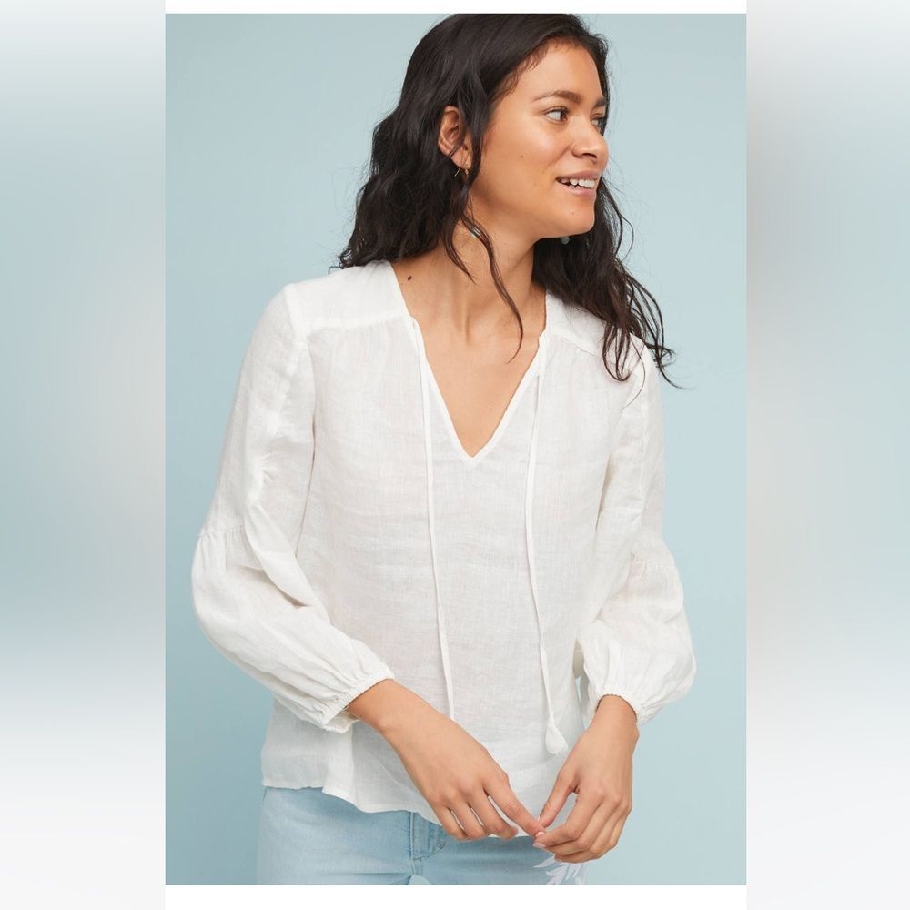 Anthropologie  Maeve Stacy Linen Peasant Top in White XS